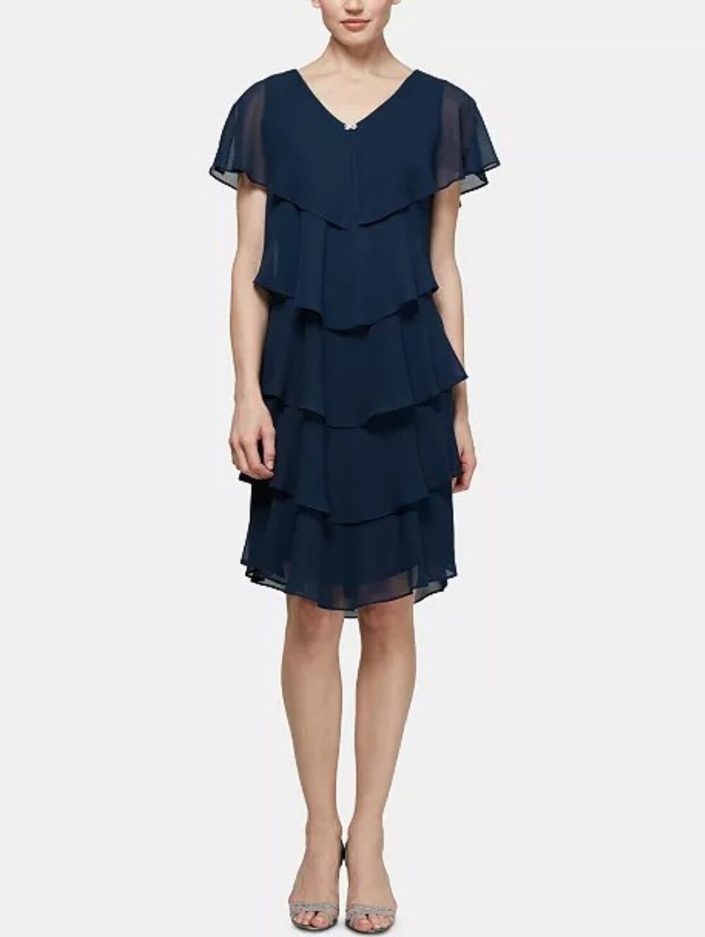 SLNY Navy Blue Tiered Capelet Rhinestone Detail Flowy Ruffle Dress Size 12